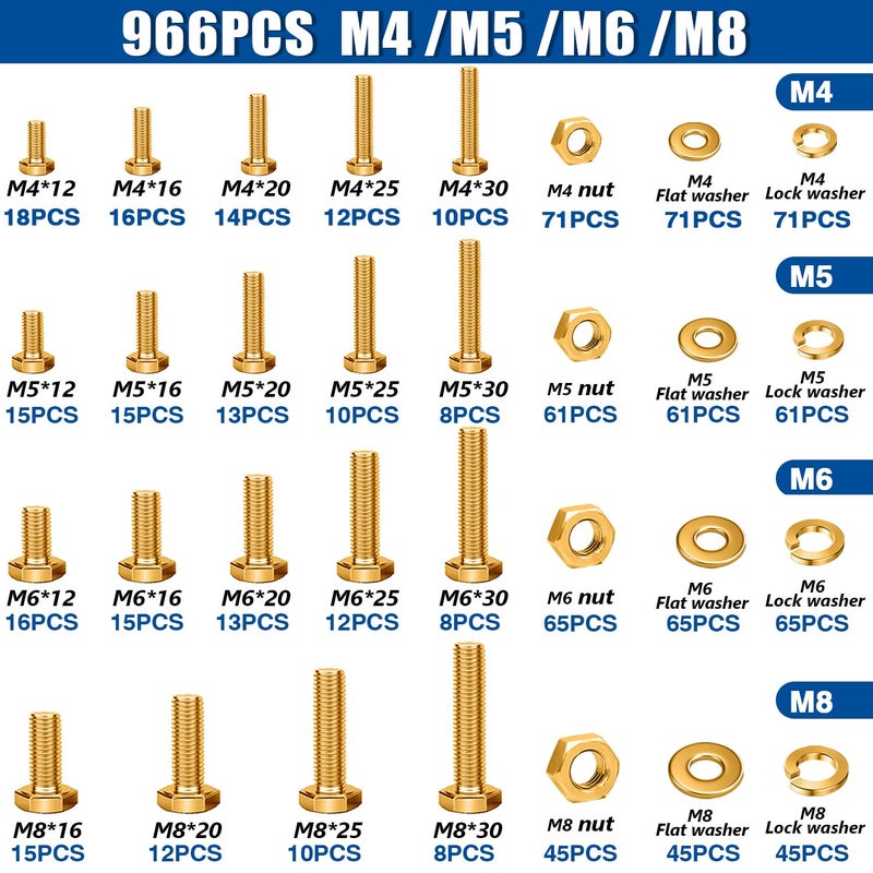 Taiss 966pcs Grade 8.8 Metric Bolt Assortment,Metric Bolts and Nuts Assortment,Bolt Kit M4 M5 M6 M8(12-30mm) Heavy Duty Hex Bolts and Nuts Kit Flat/Lock Washer Yellow Zinc Plated,with Handheld Box - Image 3